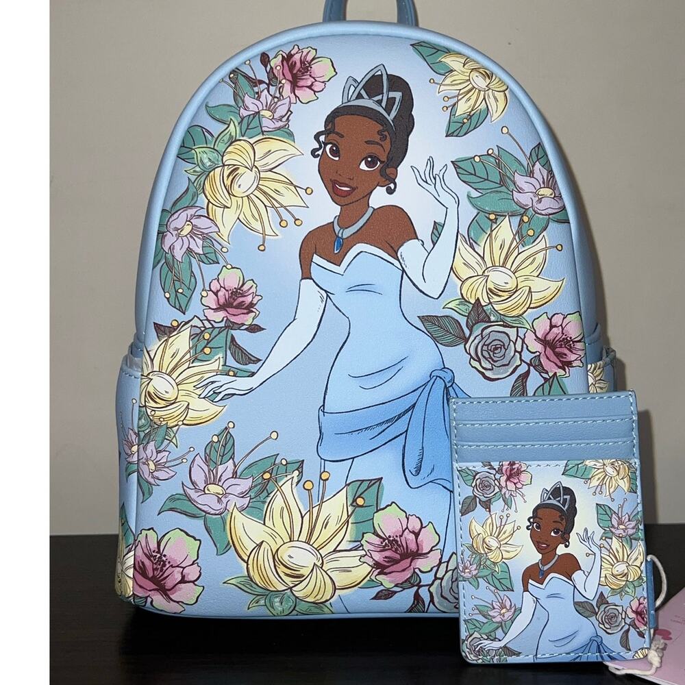 NWT Loungefly Tiana And The Frog Blue Floral Mini Backpack And Card Holder